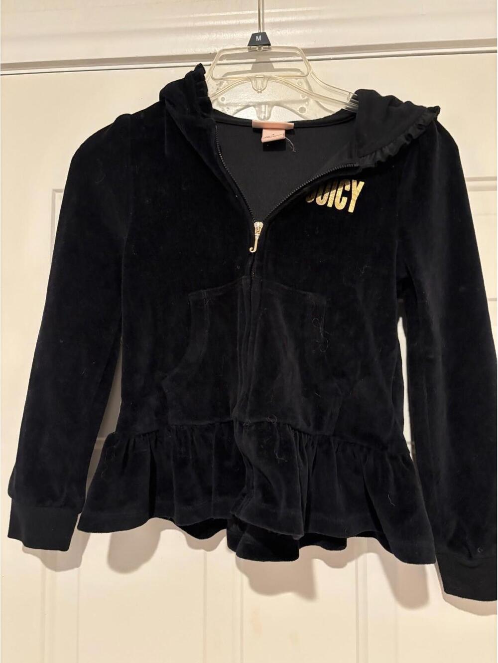 JUICY COUTURE Crushed Velvet Spellout Hoodie Girls Sz 7 Y2k Black Pullover#152